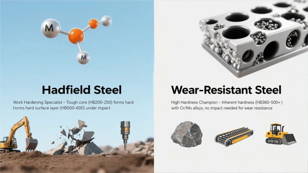 Side-by-side comparison of Hadfield Steel vs Wear-Resistant Steel for excavator parts