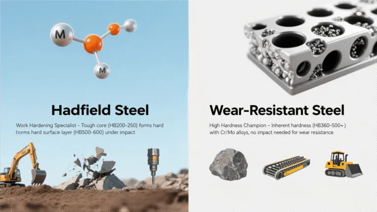Side-by-side comparison of Hadfield Steel vs Wear-Resistant Steel for excavator parts